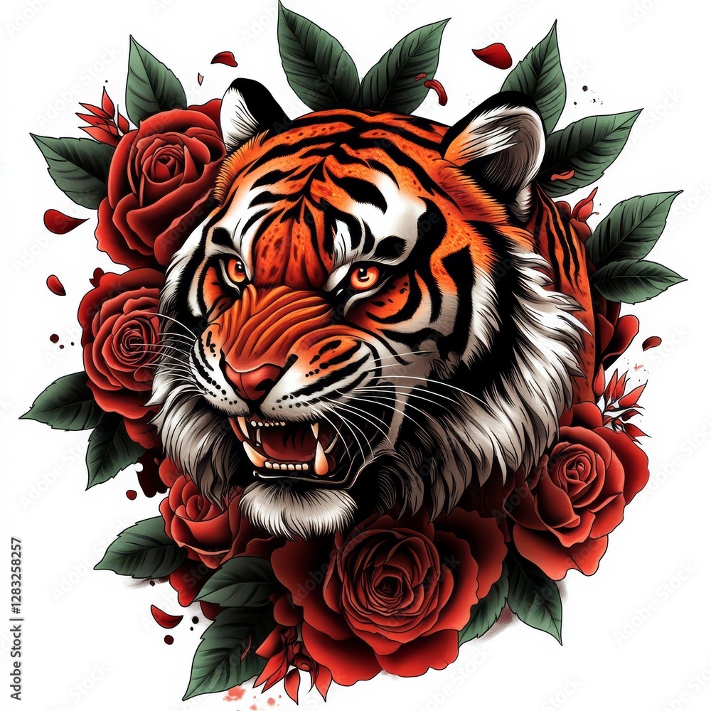 Obraz premium Fierce Tiger Surrounded by Red Roses: A striking illustration showcases a majestic tiger's face, framed by lush, vibrant red roses, creating a captivating contrast of power and beauty.