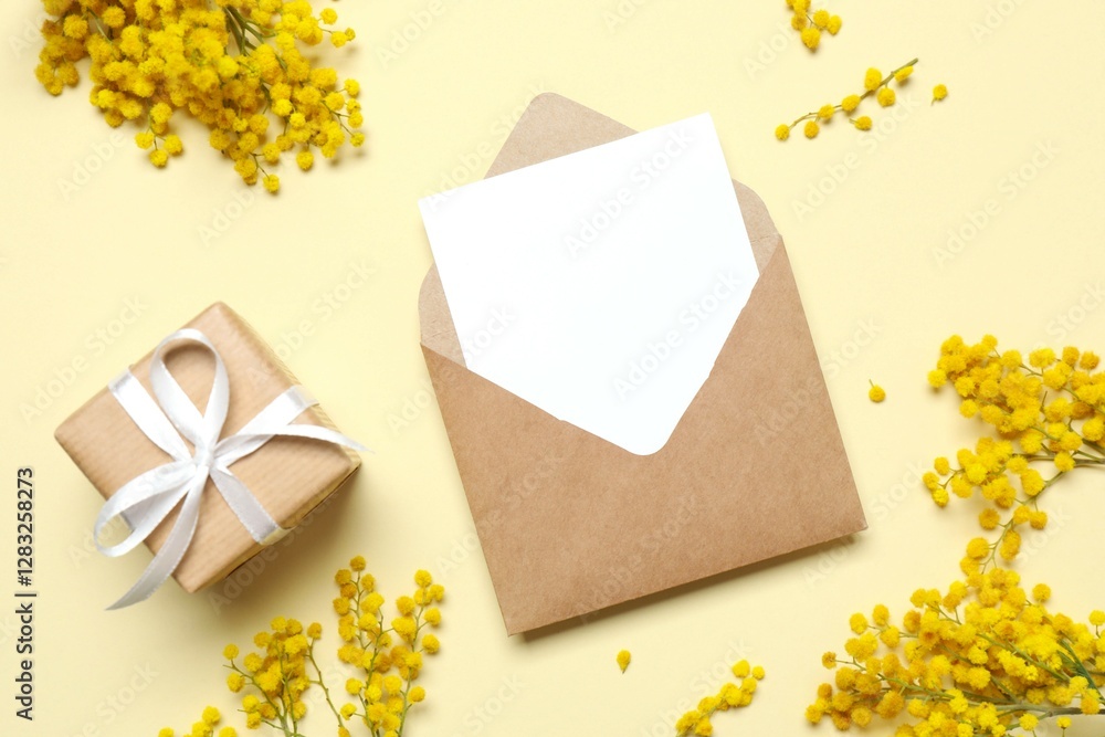 Beautiful composition with spring mimosa branches, gift box and paper envelope on a colored background Beautiful composition with spring mimosa branches, gift box and paper envelope on a colored background
