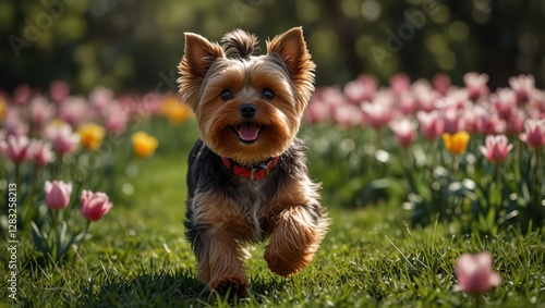 A small dog is running through a field of flowers