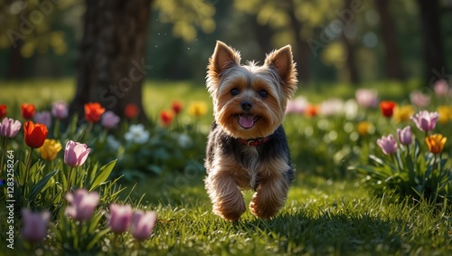 A small dog is running through a field of flowers
