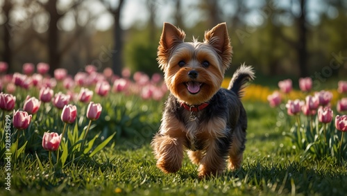 A small dog is running through a field of pink flowers