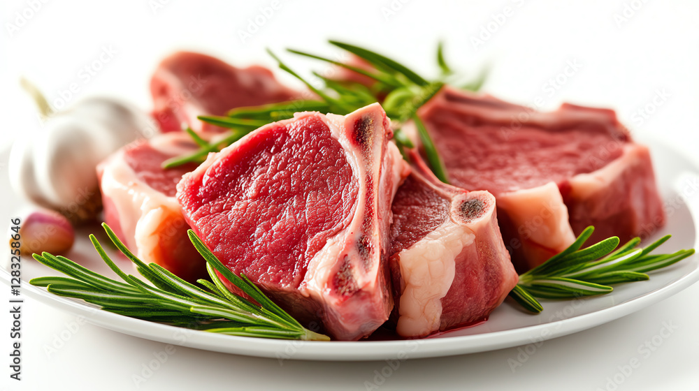Fresh cuts of succulent meat displayed on a white plate, garnished with aromatic rosemary and garlic. Perfect for a gourmet meal or culinary inspiration. Fresh cuts of succulent meat displayed on a white plate, garnished with aromatic rosemary and garlic. Perfect for a gourmet meal or culinary inspiration.