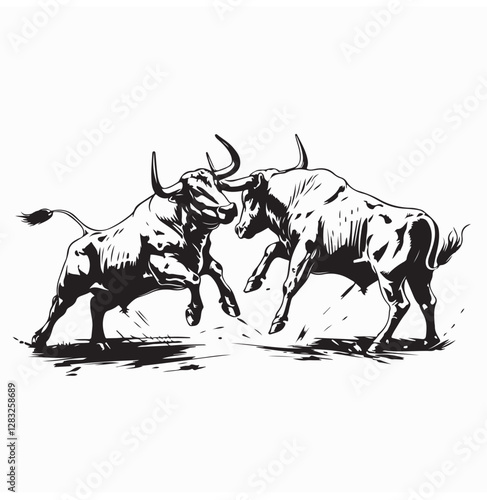 Bull Duel Vectors. Two Bulls Fighting Stock Illustration isolated on white background.