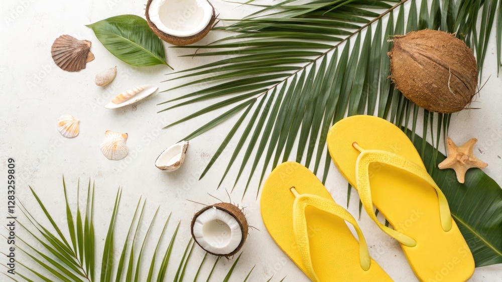 Obraz premium Summer Beach Sale Banner: Top View Flatlay of Yellow Flip Flops, Palm Leaves & Shells