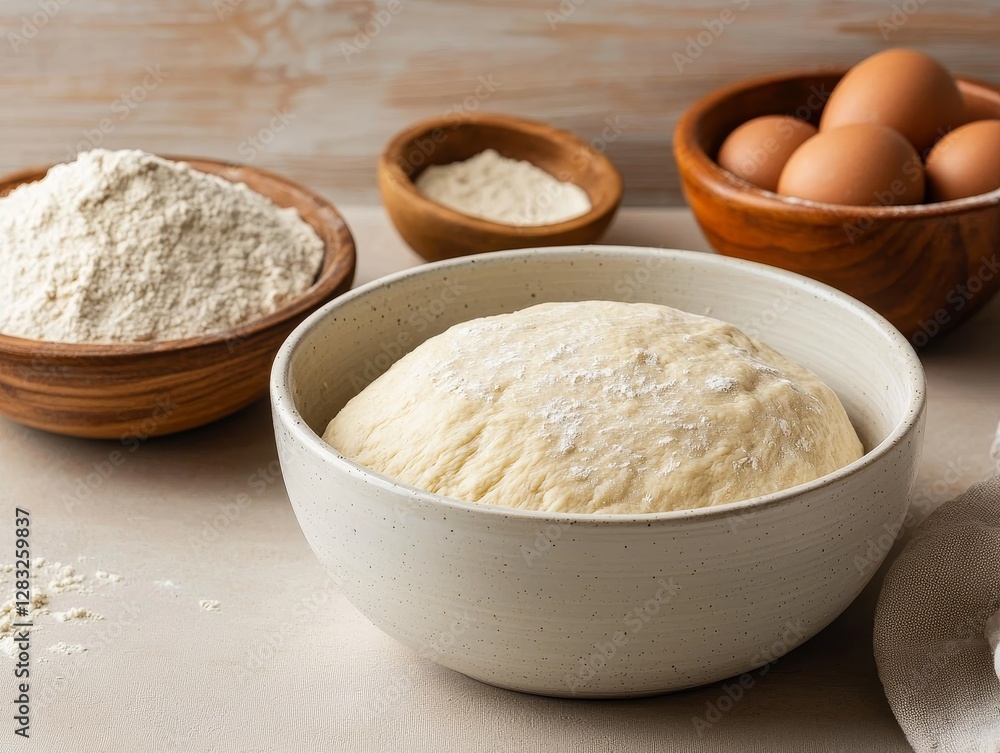 A bowl of dough surrounded by flour, eggs, and a mix of ingredients, perfect for baking delicious recipes. A bowl of dough surrounded by flour, eggs, and a mix of ingredients, perfect for baking delicious recipes.