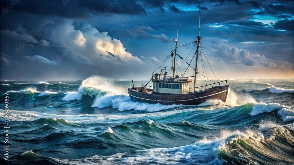 Fototapeta premium Dark grey vessel on turbulent blue sea with massive waves and wind-swept sails