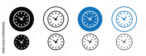 Set of 8 pixel perfect Clock icon with 1 unexpanded, 1 silhouette, a clean and simple clock icon representing time.