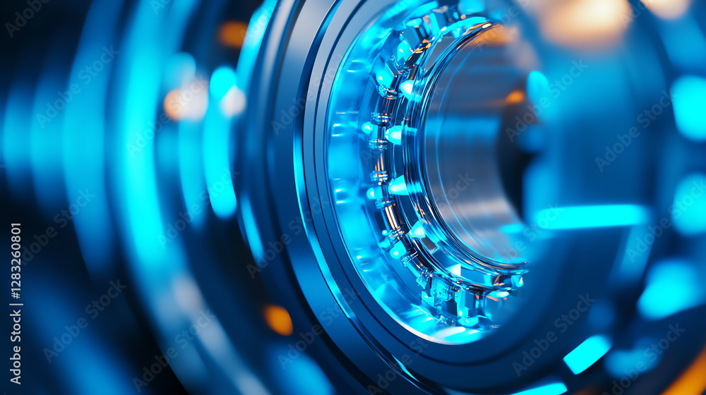 Stunning close-up of a futuristic mechanical component radiating vibrant blue light, showcasing precision engineering and intricate design Stunning close-up of a futuristic mechanical component radiating vibrant blue light, showcasing precision engineering and intricate design