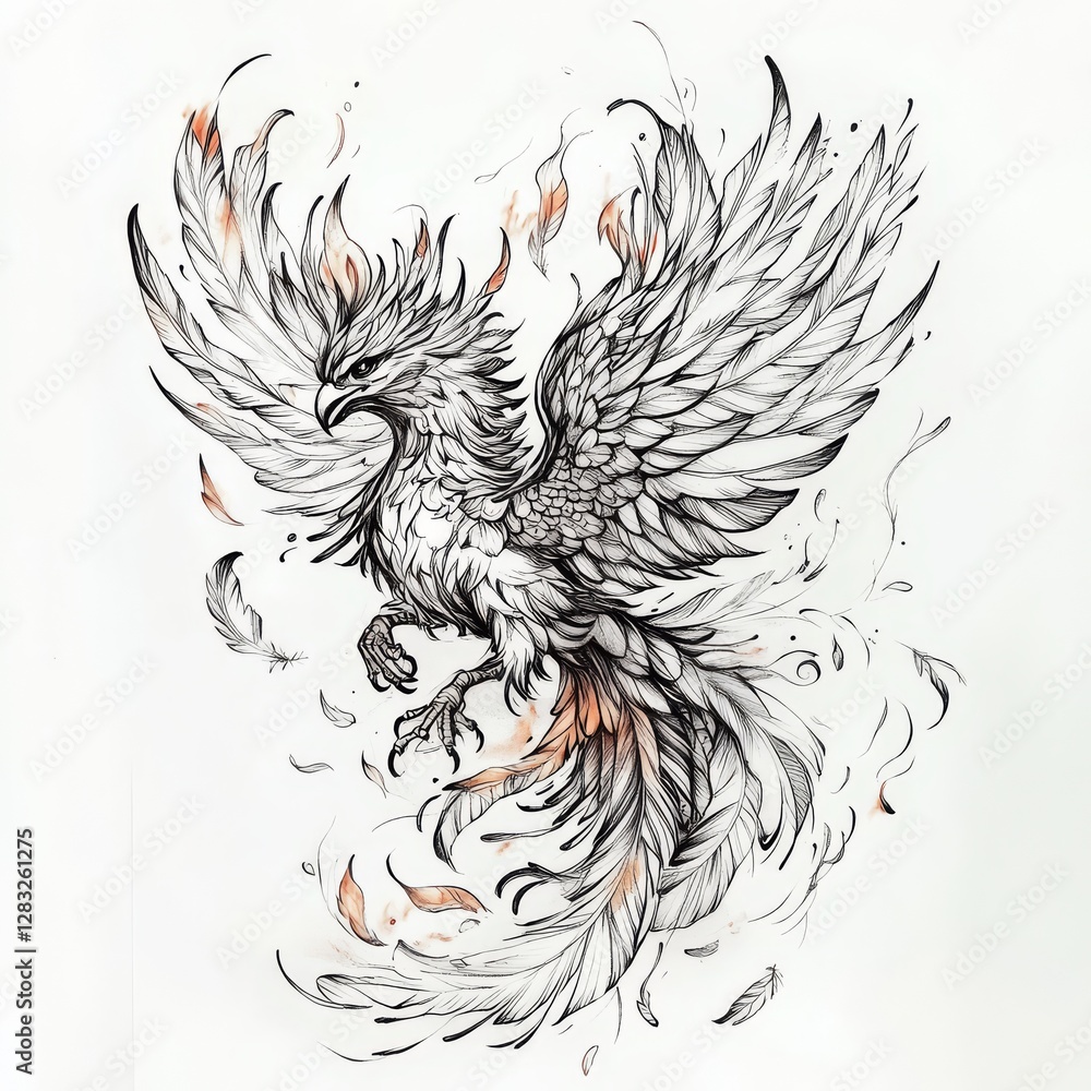 Obraz premium Design Tattoo: A stunning monochrome illustration of a phoenix in mid-flight, with detailed feathers and a fiery aura, evoking a sense of rebirth and strength.