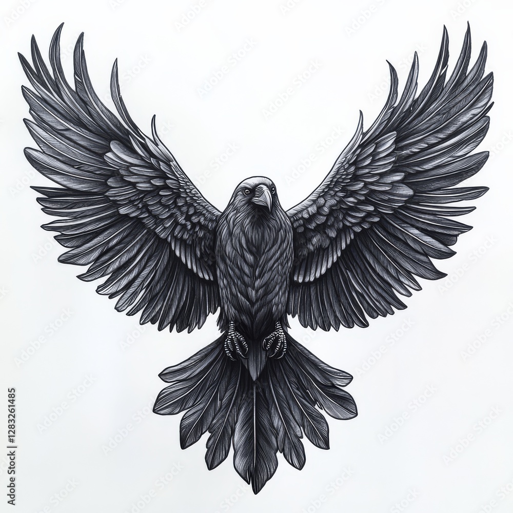 Fototapeta premium Design Tattoo: A detailed monochrome illustration of a raven, wings fully outstretched in a dramatic descent, conveying a sense of power and mystique.
