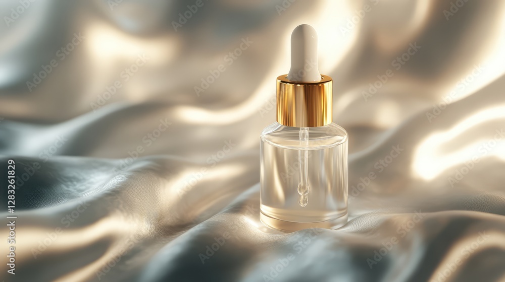 Naklejka premium Glass dropper bottle releasing a golden serum drop on a soft-focus silk fabric for skincare concept. No text, no people.
