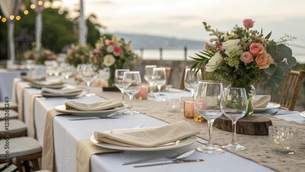 Fototapeta premium Tilt-Shift Wedding Reception Table Decor: Exquisite Napkins & Natural Flowers