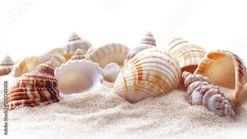 A delicate arrangement of seashells on fine sandy beach sand, the shells vary in size and texture. The transparent background allows the viewer to focus on the shells resting on the sand