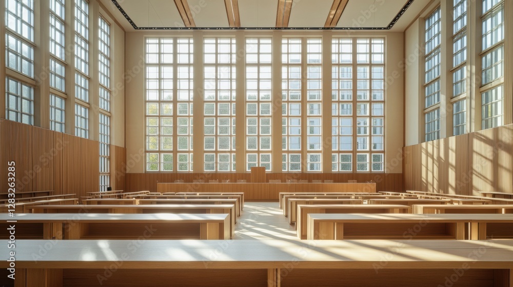 Obraz premium A legislative hall with wooden desks and large windows. Featuring transparency and openness