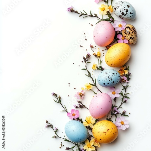Easter eggs and flowers arranged on a white background