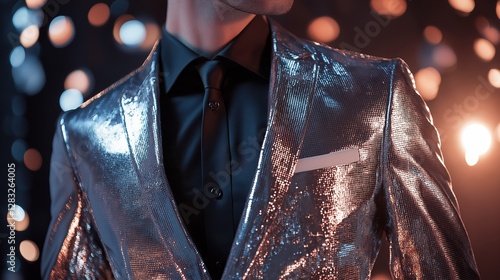 Close-up of a man's torso and upper body. he is wearing a shiny silver suit jacket with a black shirt and a black tie. the jacket has a white pocket square on the right side.