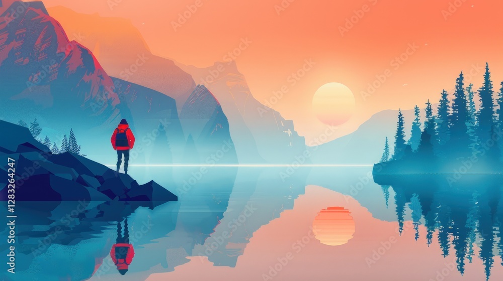 Fototapeta premium Tranquil Sunset Vista: A lone hiker contemplates the serene beauty of a mountain lake at sunset, reflecting on the tranquil landscape.