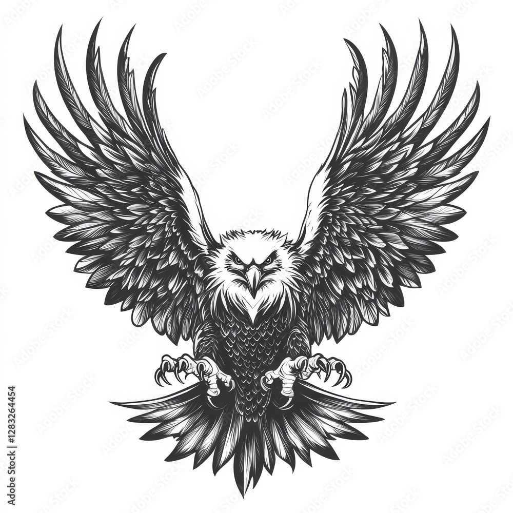 Obraz premium Soaring Majesty: Detailed pen-and-ink illustration of a majestic eagle with widespread wings and an intense gaze, showcasing power and freedom.