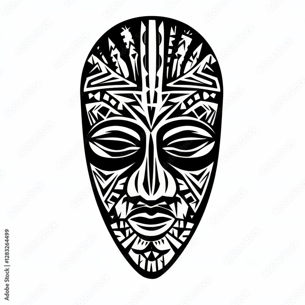 Naklejka premium Tribal Mask Illustration: A striking black and white illustration of a tribal mask, showcasing intricate geometric patterns and cultural artistry, perfect for design projects.