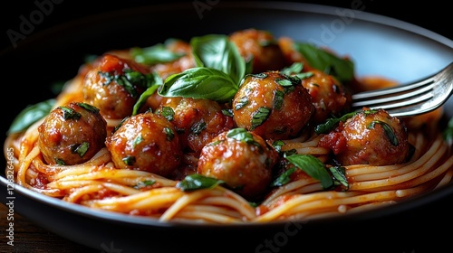 Italian Meatballs & Spaghetti Dish, Fork, Restaurant Food photo