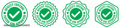 Quality control stamp with approved checkmark on white background. Tested and approved badge for inspection. Product quality check seal design. Approved label icon for documents. Vector illustration 