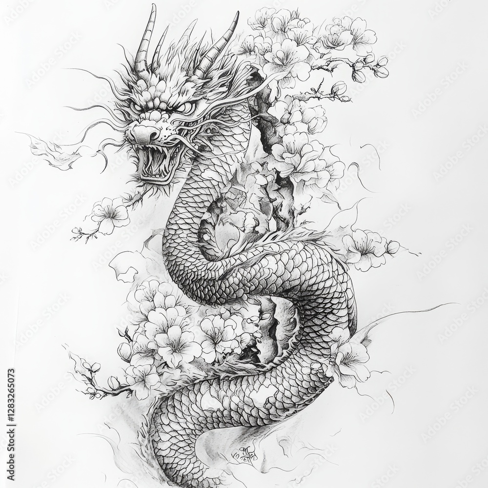 Obraz premium Dragon and Floral Art: An exquisite and detailed illustration of a majestic dragon intertwined with delicate floral blossoms, showcasing a stunning fusion of mythical and natural elements.