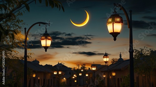 Fototapeta Naklejka Na Ścianę i Meble -  A peaceful Ramadan evening in a small village adorned with lanterns hanging from street lamps