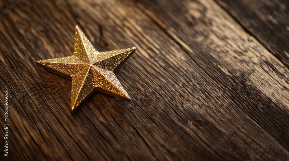 Gold star ornament with a sparkling surface, elegantly placed on a warm brown wooden texture. No text, no people. Gold star ornament with a sparkling surface, elegantly placed on a warm brown wooden texture. No text, no people.