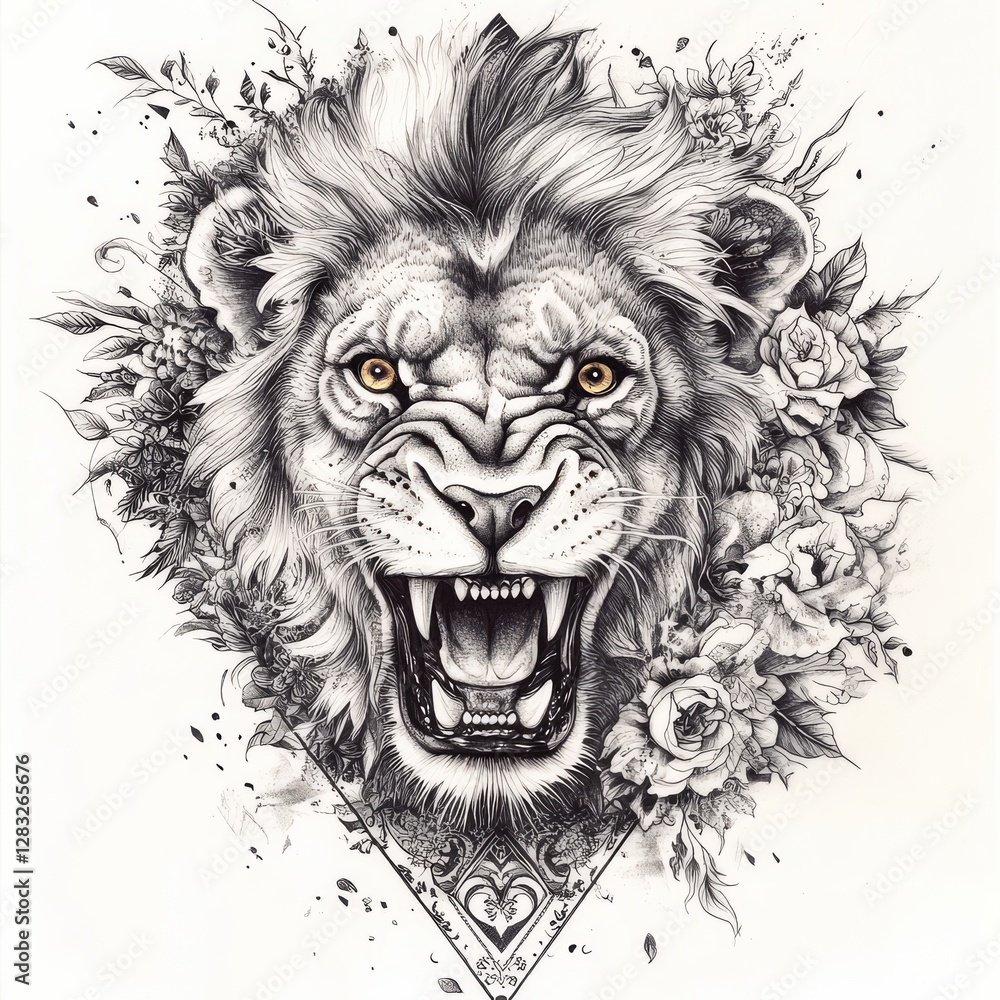 Roaring Lion King: A majestic, detailed, and artistic illustration of a roaring lion, symbolizing strength and royalty. Roaring Lion King: A majestic, detailed, and artistic illustration of a roaring lion, symbolizing strength and royalty.