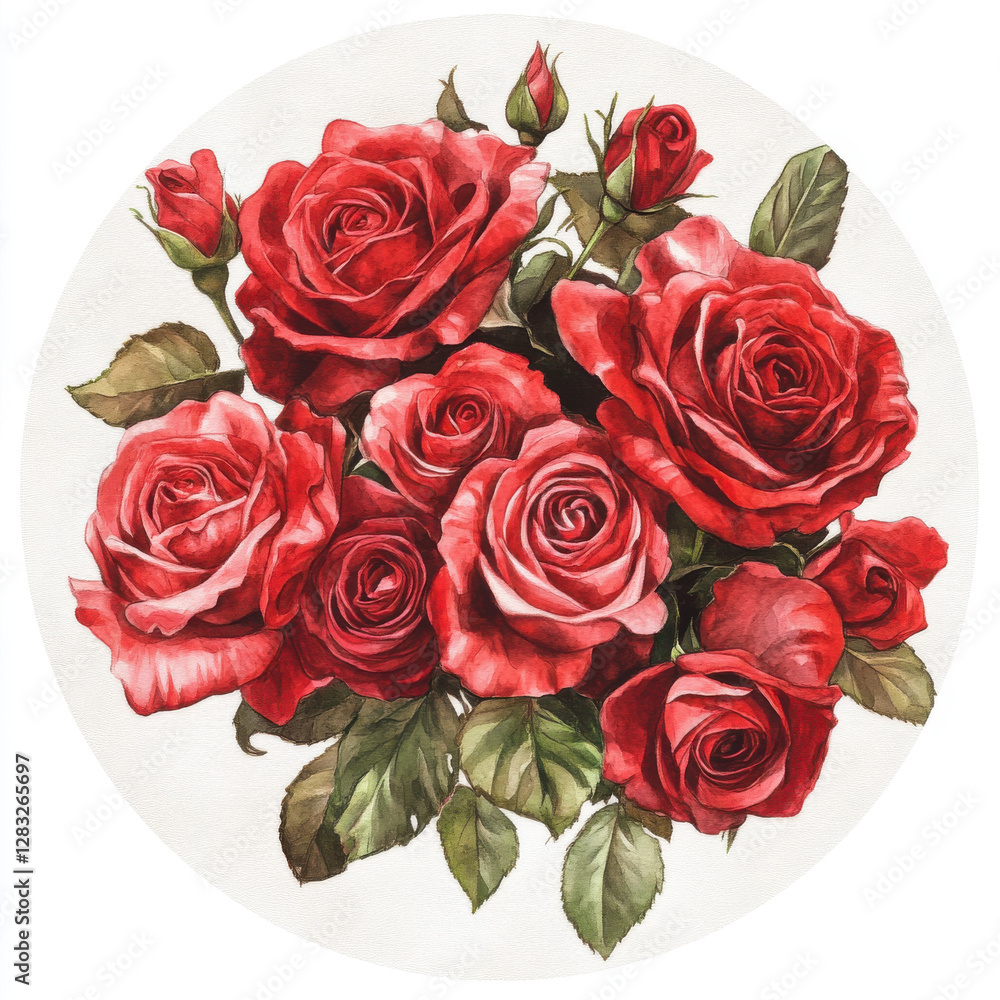 Obraz premium Beautiful bouquet of red roses with green leaves, symbolizing love and passion