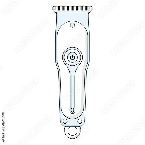 Detailed illustration of sleek hair clippers with central power button and hanging loop, ideal for grooming and personal care. Perfect for barbers and home use.