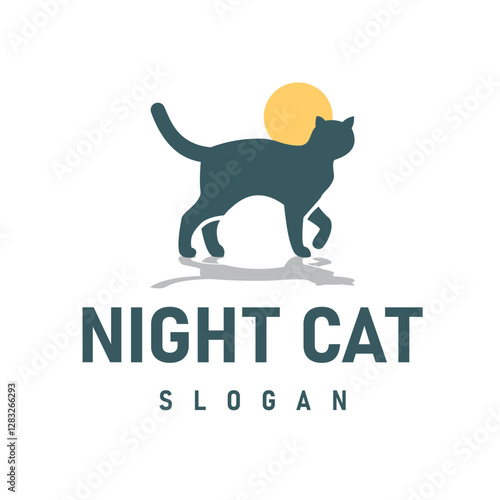 Silhouette Illustration Logo of a Cat walking with a moon background This logo is suitable for pet business, cat lover community, cat accessory shop