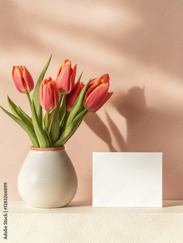 Minimalist Valentines card mockup with tulips in a vase for romantic design inspiration Minimalist Valentines card mockup with tulips in a vase for romantic design inspiration