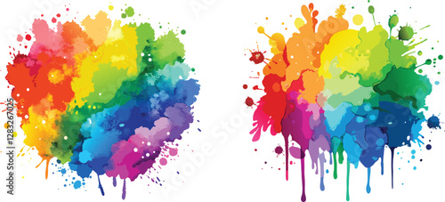 Rainbow Watercolor Paint Splatter, Vibrant Brush Stroke Splash Vector on White Background.