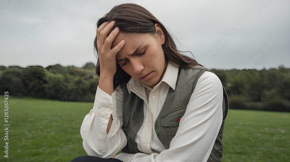 Close-Up Shot of a Woman with Her Hand on Her Head, Looking Depressed and Lost in Deep Thought, Expressing Emotional Distress, Sadness, and Mental Struggle Against an Isolated Background, Capturing Close-Up Shot of a Woman with Her Hand on Her Head, Looking Depressed and Lost in Deep Thought, Expressing Emotional Distress, Sadness, and Mental Struggle Against an Isolated Background, Capturing