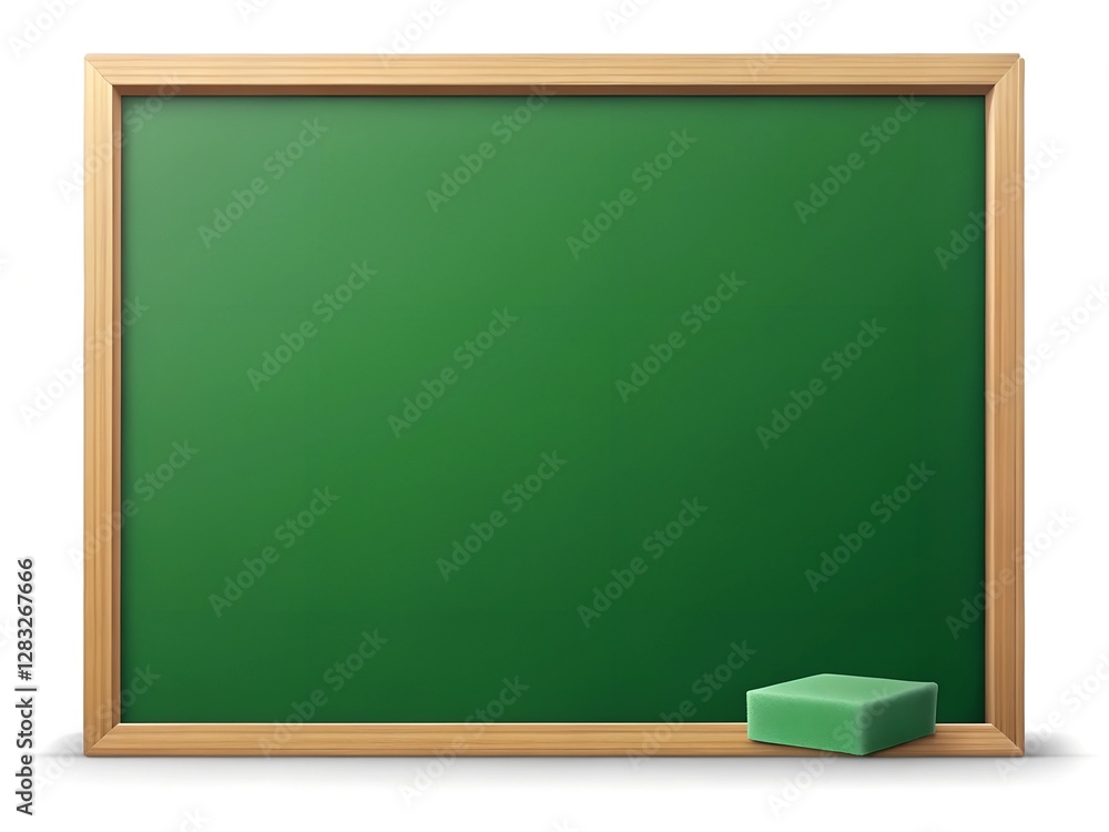 Green mockup board with chalk and sponge 3d object on white background Green mockup board with chalk and sponge 3d object on white background