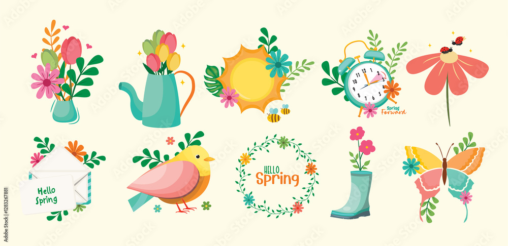 Fototapeta premium Colorful nature spring vector set with flowers, bird, and butterfly