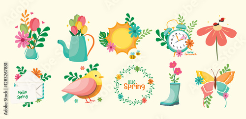 Colorful nature spring vector set with flowers, bird, and butterfly