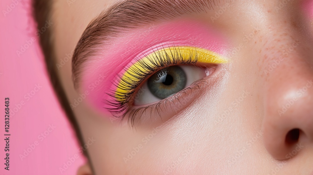 Obraz premium Close-up of a person's eye. the eye is blue and the eyelashes are long and full. the eyeliner is a bright yellow color and is applied in a way that creates a dramatic look.
