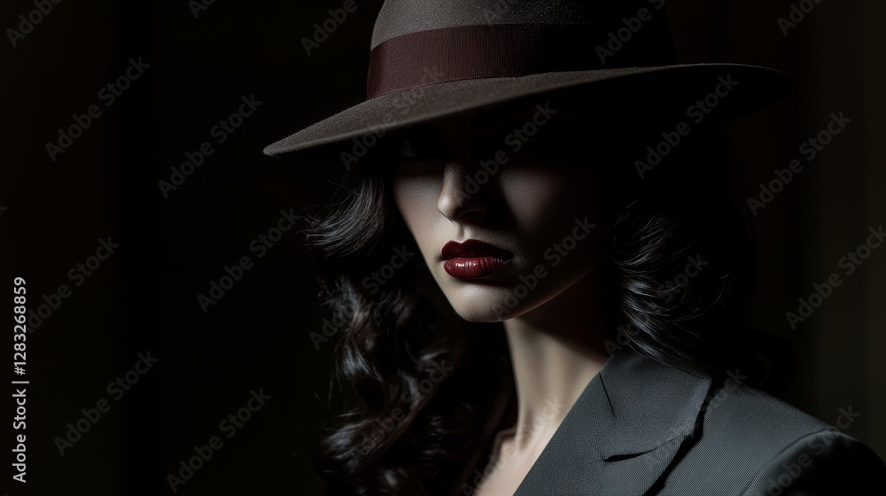 Mysterious Woman in Dark Hat with Red Lips and Elegant Outfit in Low Light Setting Mysterious Woman in Dark Hat with Red Lips and Elegant Outfit in Low Light Setting