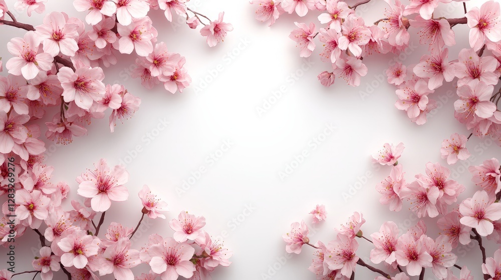 A serene arrangement of pink cherry blossoms framing a blank space. A serene arrangement of pink cherry blossoms framing a blank space.