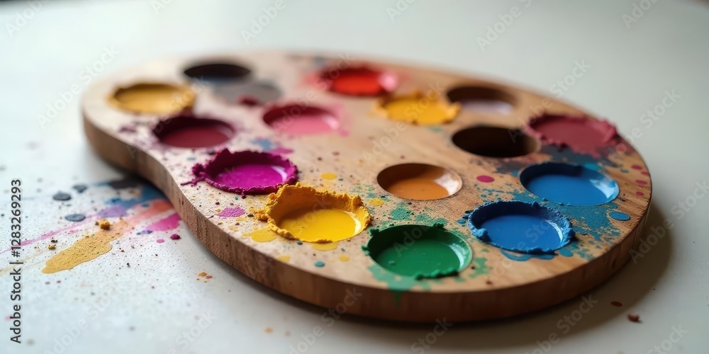 A well-used wooden palette with vibrant paint remnants, showcasing a spectrum of colors and textures, reflecting a creative process A well-used wooden palette with vibrant paint remnants, showcasing a spectrum of colors and textures, reflecting a creative process