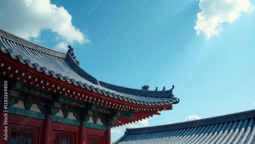 Elegant East Asian Architectural Roofline Against a Vivid Blue Sky with Puffy Clouds Elegant East Asian Architectural Roofline Against a Vivid Blue Sky with Puffy Clouds