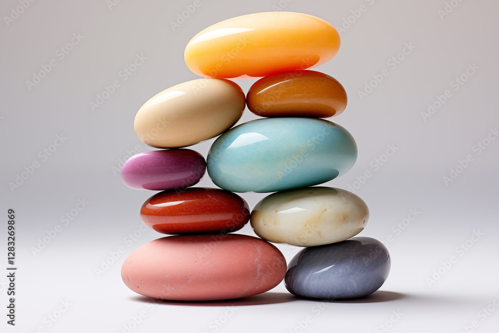 A vibrant stack of smooth pebbles in various colors, reflecting soft, colorful light that enhances their polished surfaces A vibrant stack of smooth pebbles in various colors, reflecting soft, colorful light that enhances their polished surfaces