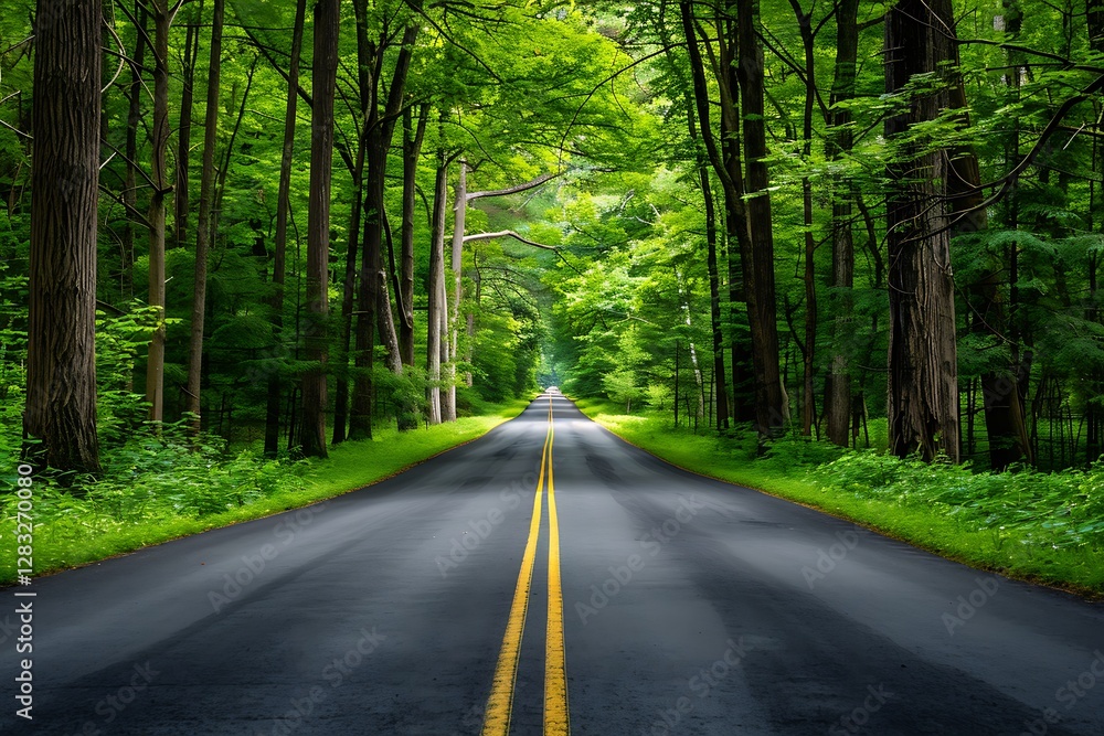 Serene Tree-Lined Pathway Through Vibrant Green Forest Landscape