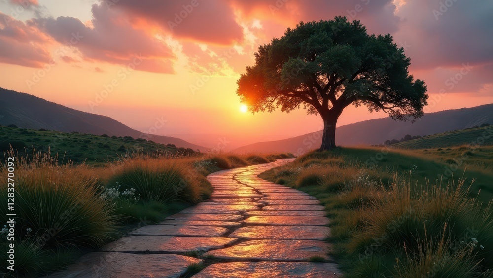 Fototapeta premium Serene Sunset Landscape Featuring a Stone Path Winding Towards a Solitary Tree on a Hilltop