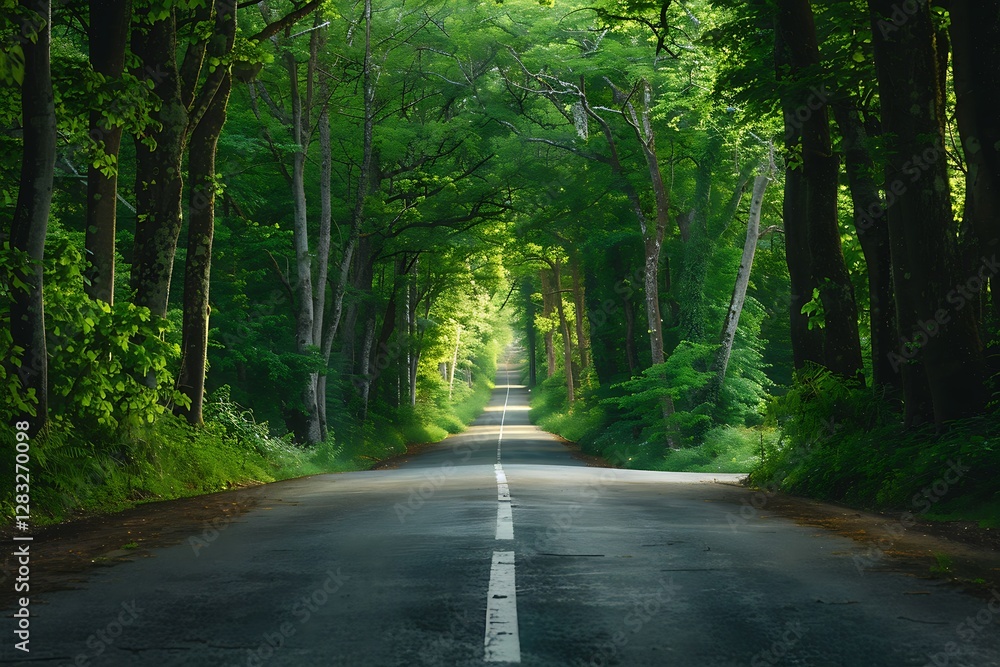Naklejka premium Serene Tree-Lined Road Through Lush Green Forest in Daylight