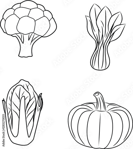 Black and white outline drawings depicting various vegetables such as broccoli, lettuce, bok choy, and pumpkin, each outlined to emphasize the simple shapes.Ideal for coloring or educational materials
