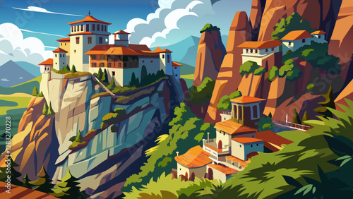 Mysterious hanging over rocks monasteries of Meteora, Greece