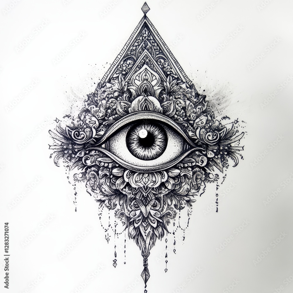 Obraz premium Mystical Eye of Perception: Intricate, detailed illustration of an all-seeing eye within a floral and geometric design, evoking a sense of ancient wisdom and mystical allure.